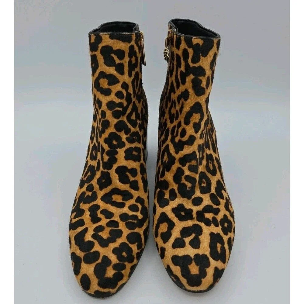 Michael Kors Elsa leopard print calf hair ankle boot gilded chain Size 8.5 EUC